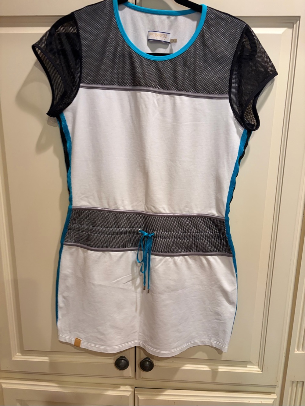 Montreal London White Mesh-Accent Mini Dress with Turquoise Trim